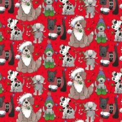 Christmas Pups On Red Fabric