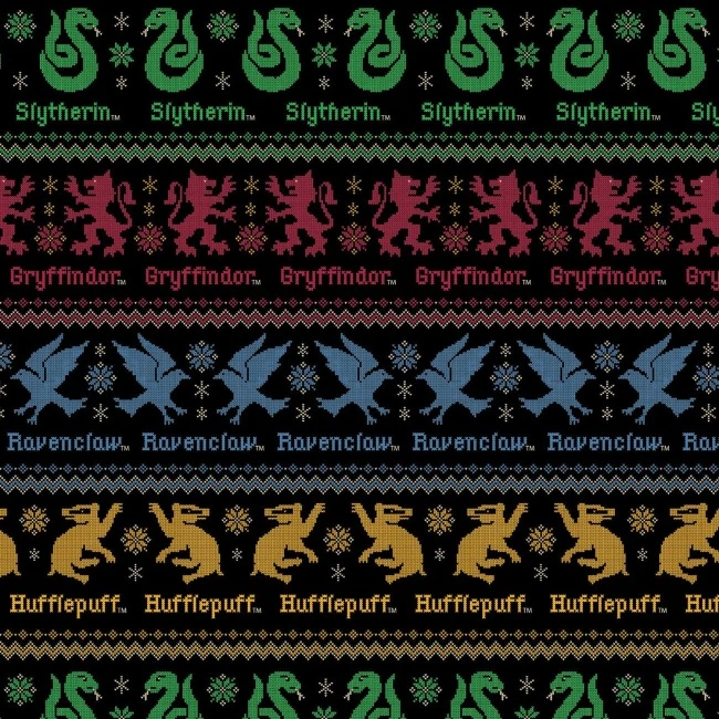 Harry Potter Christmas Sweater Houses Fabric - Black