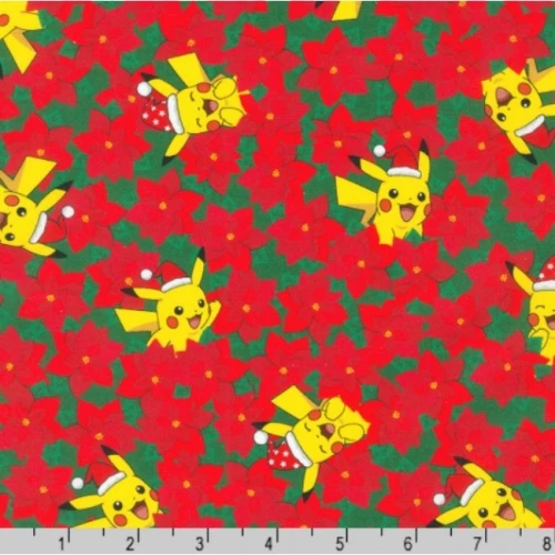 Pokemon Pikachu's Christmas Poinsettia Fabric - Image 2