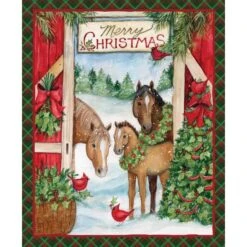 Three Horses Christmas Fabric Panel